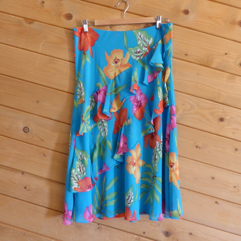 Chaps Blue Tropical Floral Waistband Diagonal Ruffle Midi Skirt